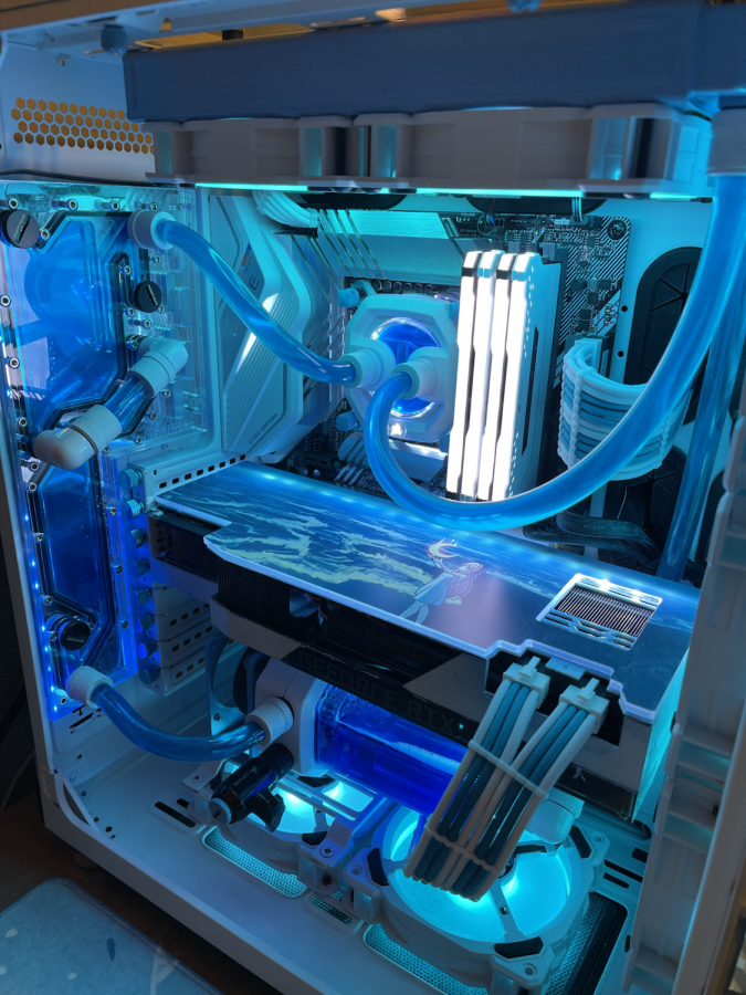 Chans computer contains the RTX 3090, and custom water cooling and cables. He custom painted the case and graphics card.