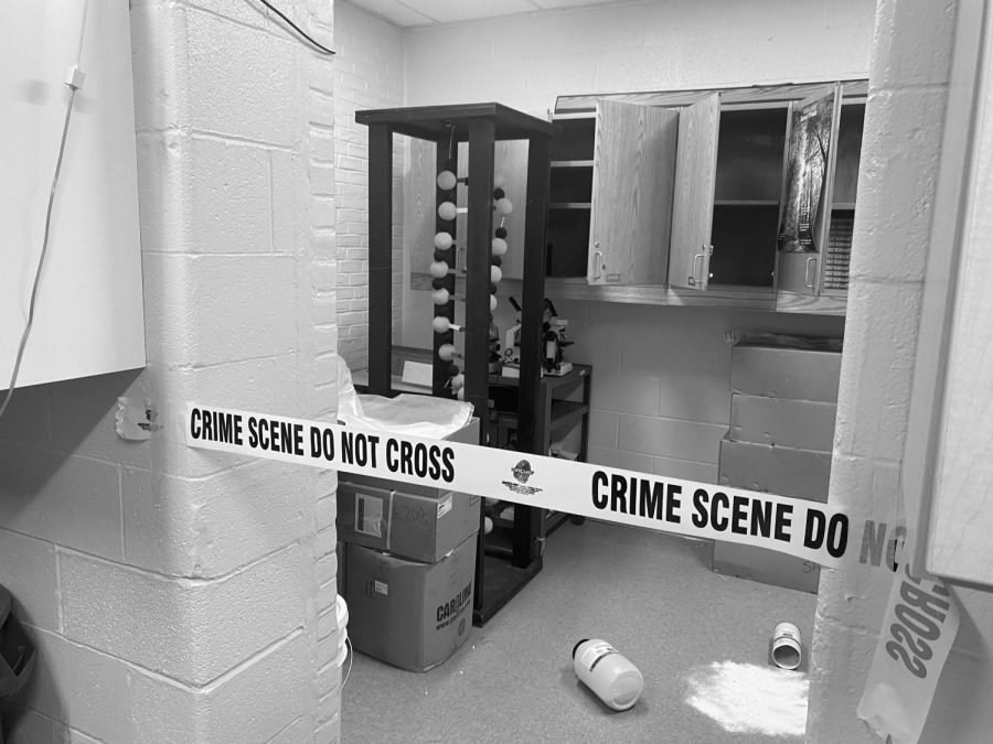 Realistic crime scene created for student observation. Forensic science students continue to apply skills learned to solve a crime. 