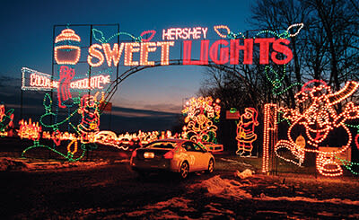 Sweet Lights and attractions at Hersheypark’s Christmas Candylane holiday attraction. It is open from now to January 1st. 