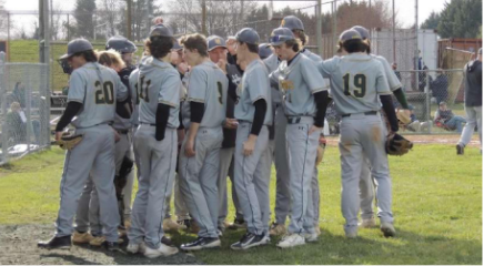 The baseball team rallied in the middle of a game. The team does this during their games to foster team spirit. 