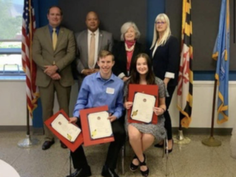 Jeremy Jestel and Sierra Wendland accept their Harford County Delegation awards. They attended this ceremony on May 10. 
