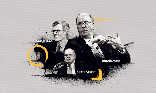  Featured above are Mortimer J. Buckley (Vangaurd CEO), Ron O’Hanley (State Street CEO), and Larry Fink (BlackRock CEO). Combined, these three men have the most shares in 88 percent of the S&P 500 firms. 