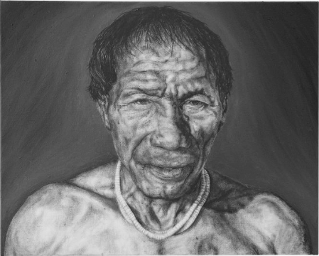  “Kamo,” created by artist and curator Simon Butler, is a portrait of an Indigenous Xingu shaman. The piece was created with pigments consisting of ashes of the Amazon Rainforest.
 
