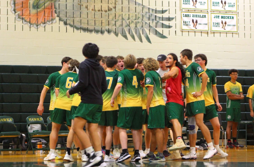 The boys team celebrate their senior night rallies against Harford Tech. The boys lost by only two points in a close game. 